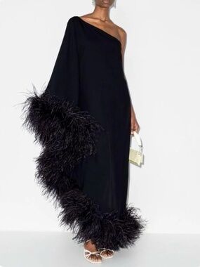 Black Feather Trim One-Shoulder Gown | Luxury Evening / Gala Dress